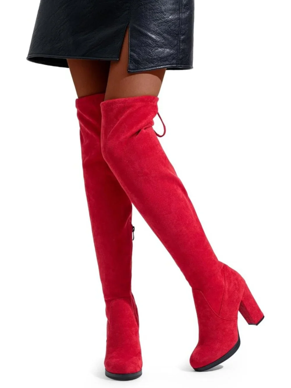 Women's Red Block Heel Round Toe Faux Suede Over The Knee Thigh High Boots